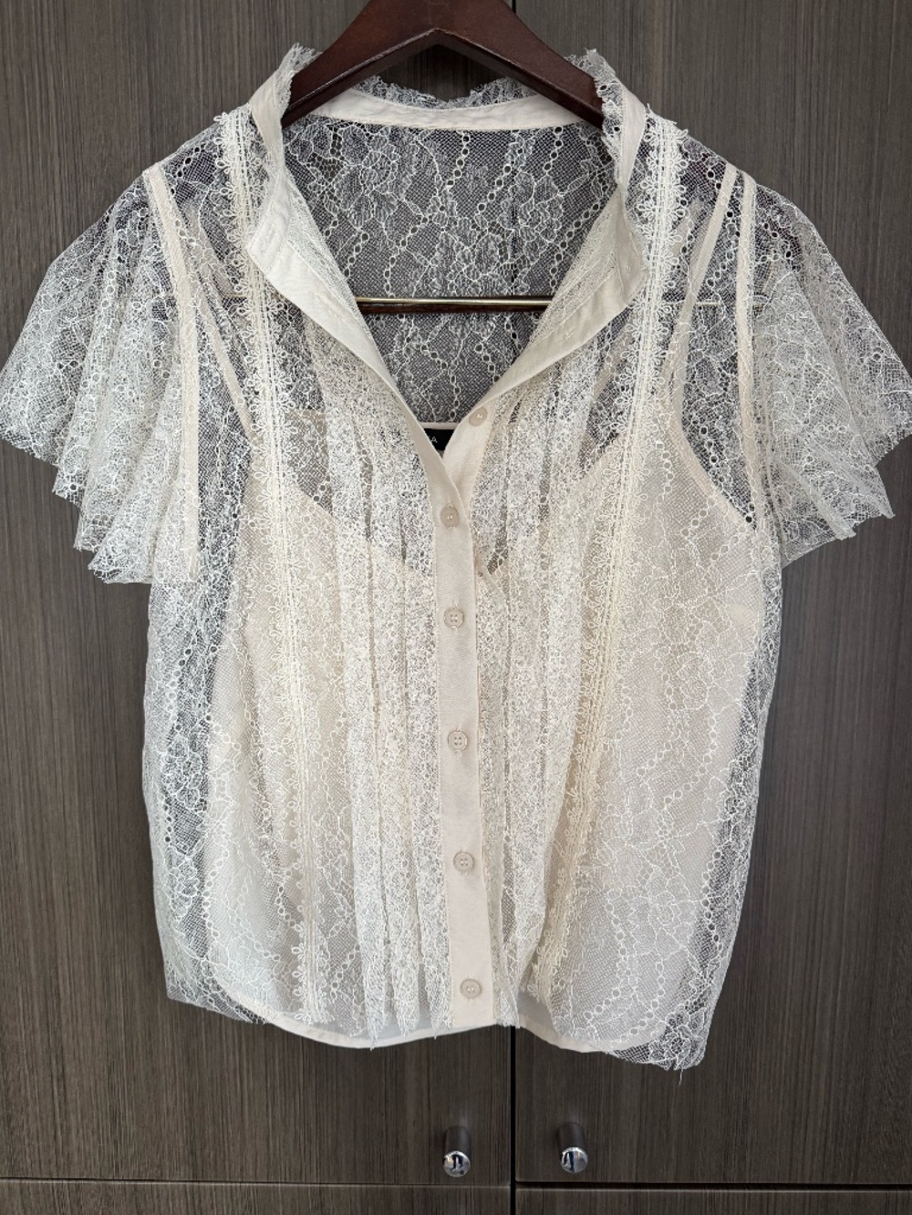 Aqua lace top, flutter short sleeve, small EUC